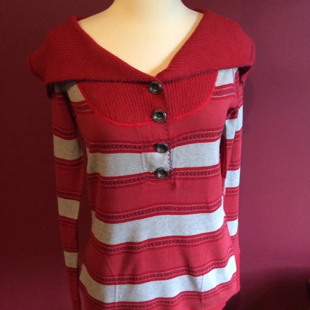 Free People Red & Light Gray Striped Pullover Button-Front Sweater With Pockets